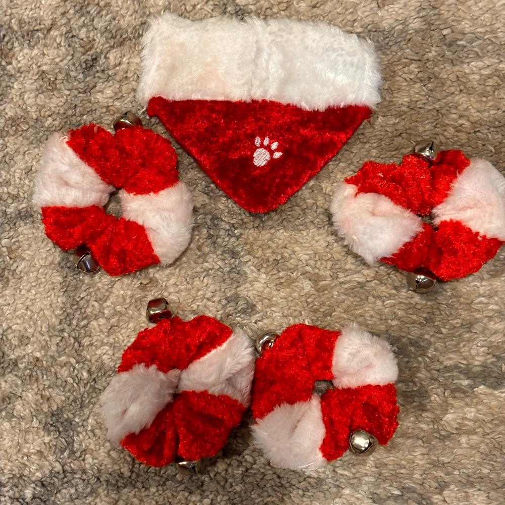 Small Pet Christmas collar scarf Red and White w/matching ankle rings with bells